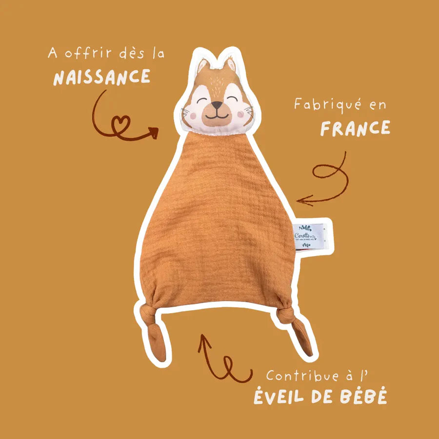Doudou Écureuil camel gaze de coton bio